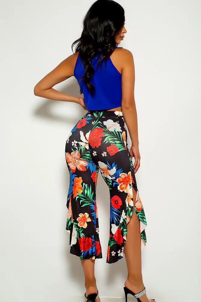 Sexy Blue Floral Printed Front Tie Two Piece Outfit - AMIClubwear