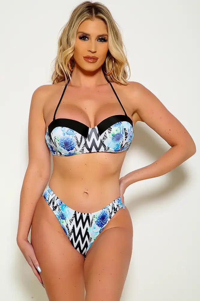 Sexy Blue Floral Push Up Halter Two Piece Swimsuit - AMIClubwear