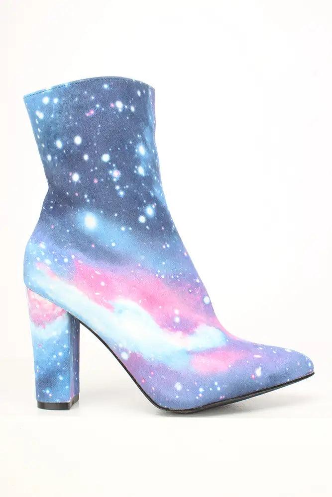 Sexy Blue Galaxy Mid Calf Chunky High Heels Booties Faux Leather - AMIClubwear