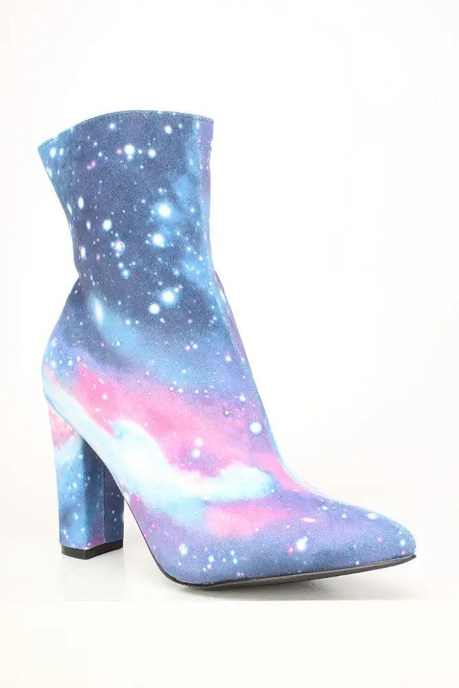 Sexy Blue Galaxy Mid Calf Chunky High Heels Booties Faux Leather - AMIClubwear