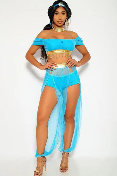 Sexy Blue Gold Coins Exotic Storybook Princess J 3 Pc. Costume Set - AMIClubwear