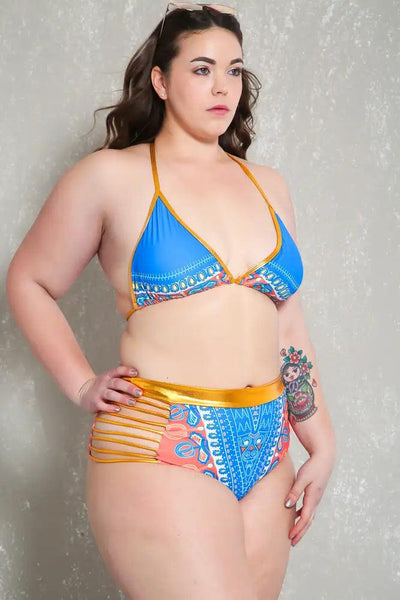 Sexy Blue Gold Tribal Print Strappy Plus Size Two Piece Swimsuit - AMIClubwear