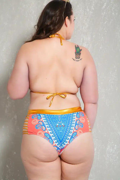 Sexy Blue Gold Tribal Print Strappy Plus Size Two Piece Swimsuit - AMIClubwear