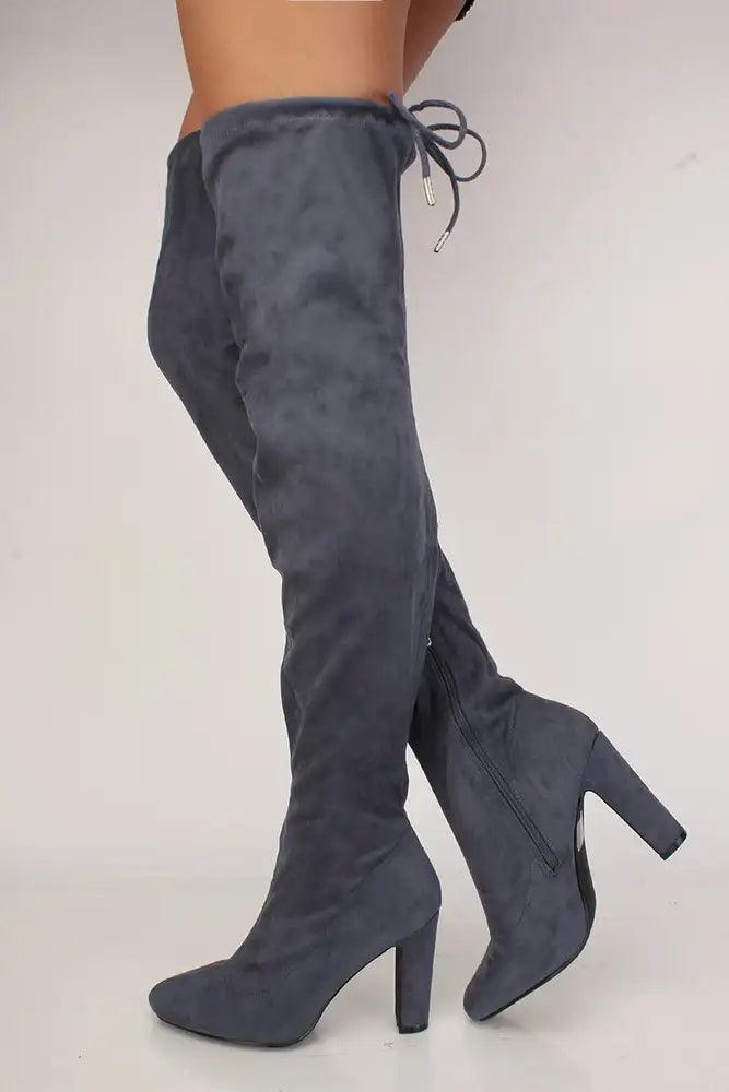 Sexy Blue Grey Thigh High Chunky Heels Boots Faux Leather - AMIClubwear