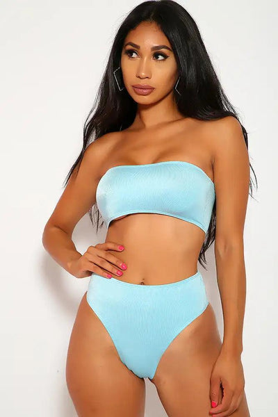 Sexy Blue High Shine Bandeau High Waisted Two Piece Swimsuit - AMIClubwear