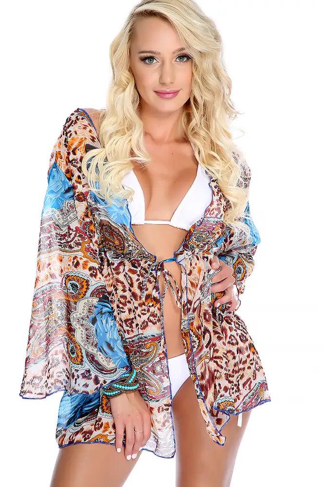 Sexy Blue Leopard Chiffon Kimono Swimsuit Cover Up Beach Wear - AMIClubwear