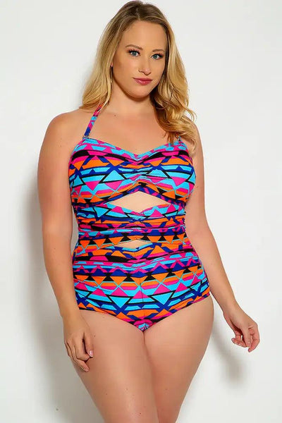 Sexy Blue Magenta Cut Out Halter One Piece Swimsuit - AMIClubwear