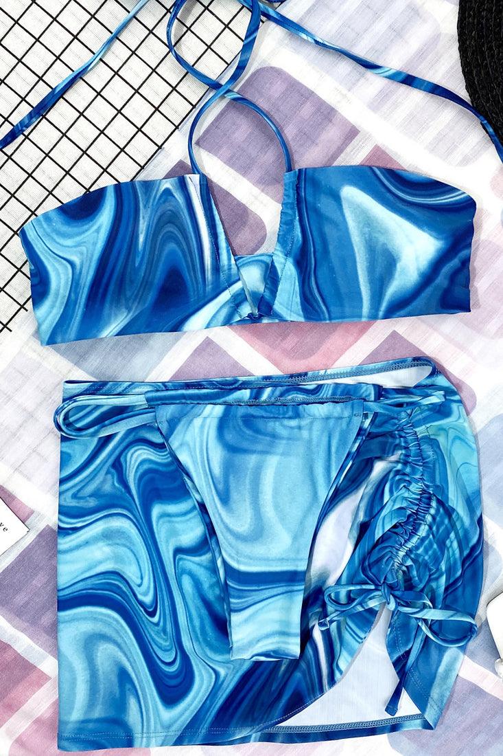 Sexy Blue Marble 3pc Bikini With Skirt Coverup - AMIClubwear