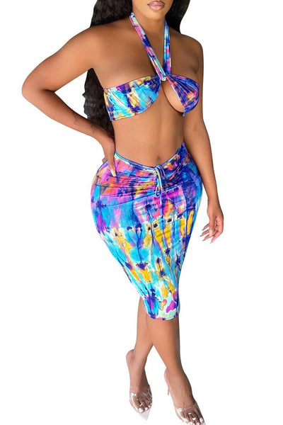 Sexy Blue Multi Two Piece Dress With Halter Top - AMIClubwear