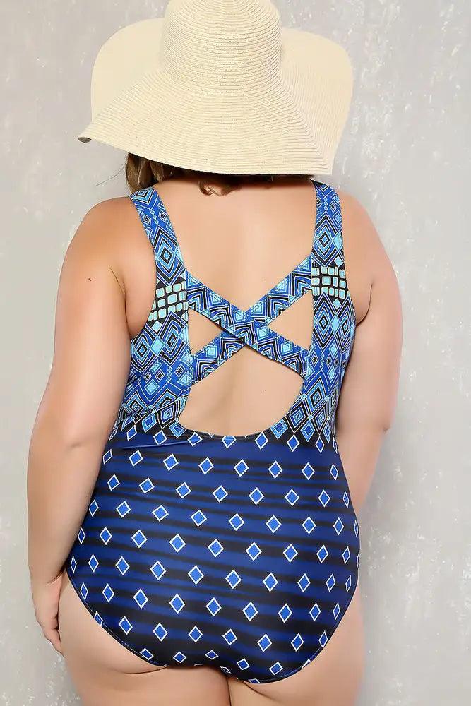 Sexy Blue Navy Pattern Print Padded Plus Size Swimsuit - AMIClubwear