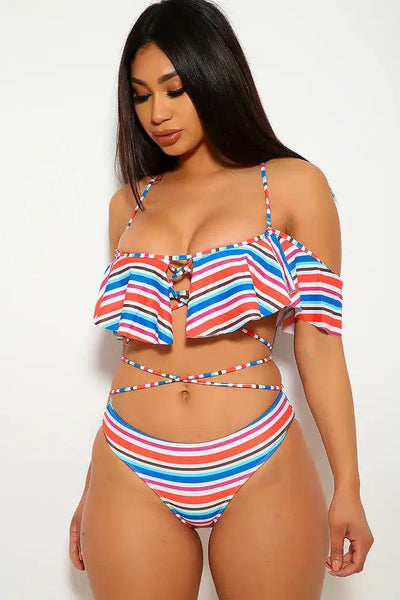 Sexy Blue Orange Stripe Patter Crisscross two Piece Swimsuit - AMIClubwear