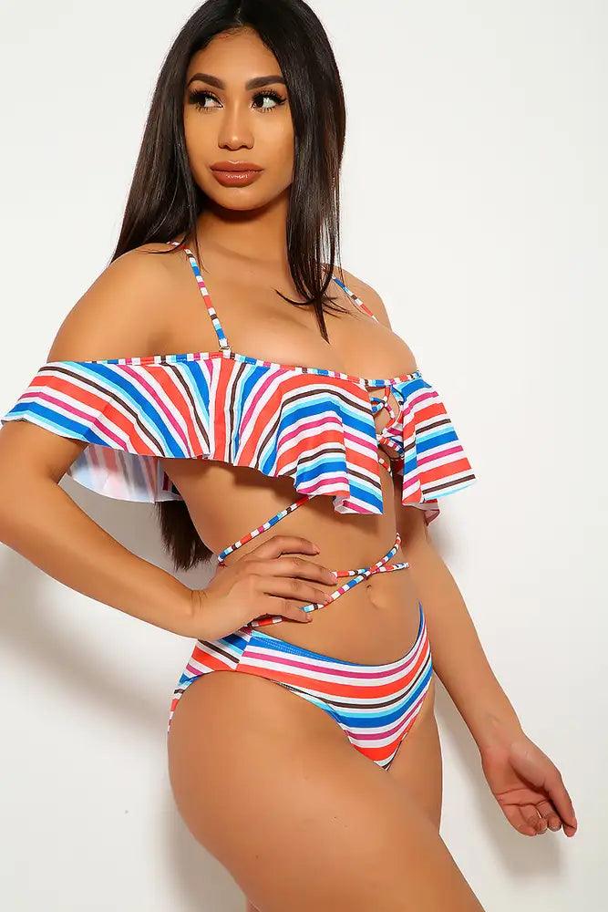 Sexy Blue Orange Stripe Patter Crisscross two Piece Swimsuit - AMIClubwear