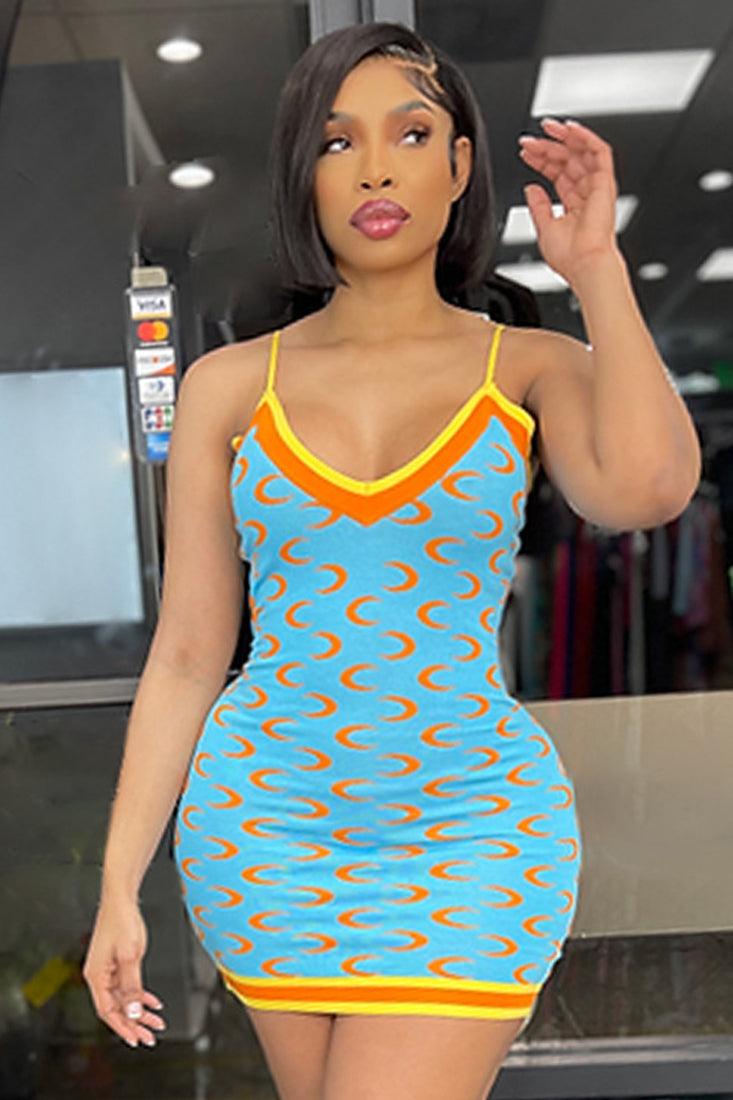 Sexy Blue Part Dress With Orange Crescent Moons - AMIClubwear