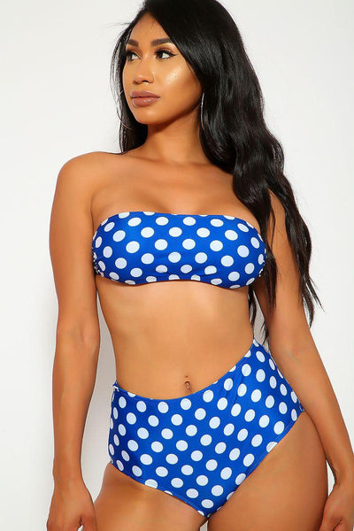 Sexy Blue Polka Dot Bandeau High Waist Two Piece Swimsuit - AMIClubwear