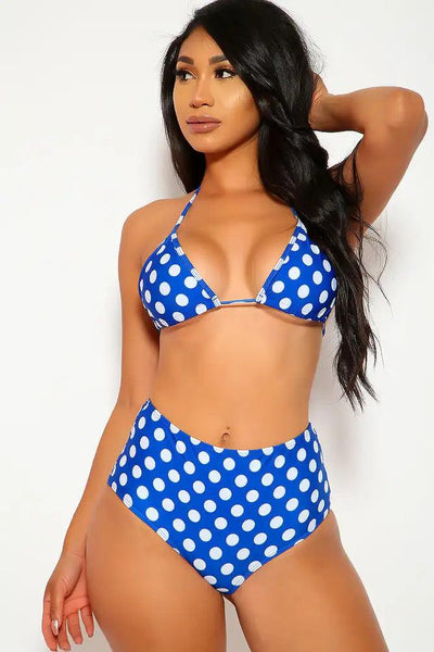 Sexy Blue Polka Dot Triangle High Waisted Two Piece Swimsuit - AMIClubwear