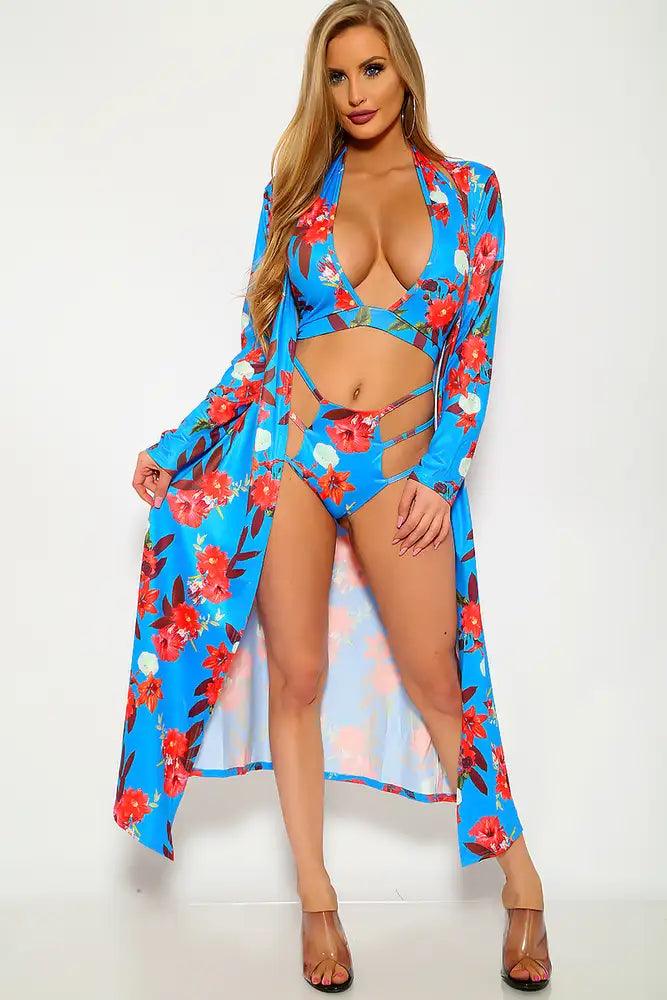 Sexy Blue Printed Caged Halter 3 Piece Swimsuit Set - AMIClubwear