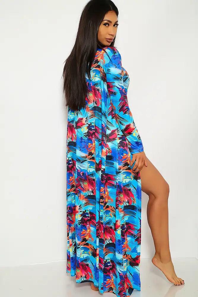 Sexy Blue Purple Graphic Swimsuit Kimono Coverup Matching Set - AMIClubwear