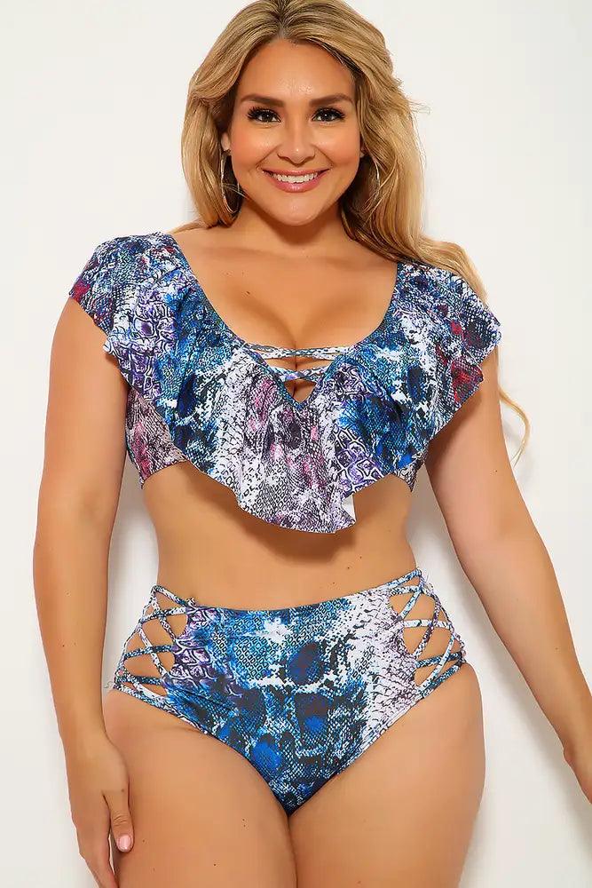 Sexy Blue Purple Reptile Caged High Waist Plus Size Two Piece Swimsuit - AMIClubwear