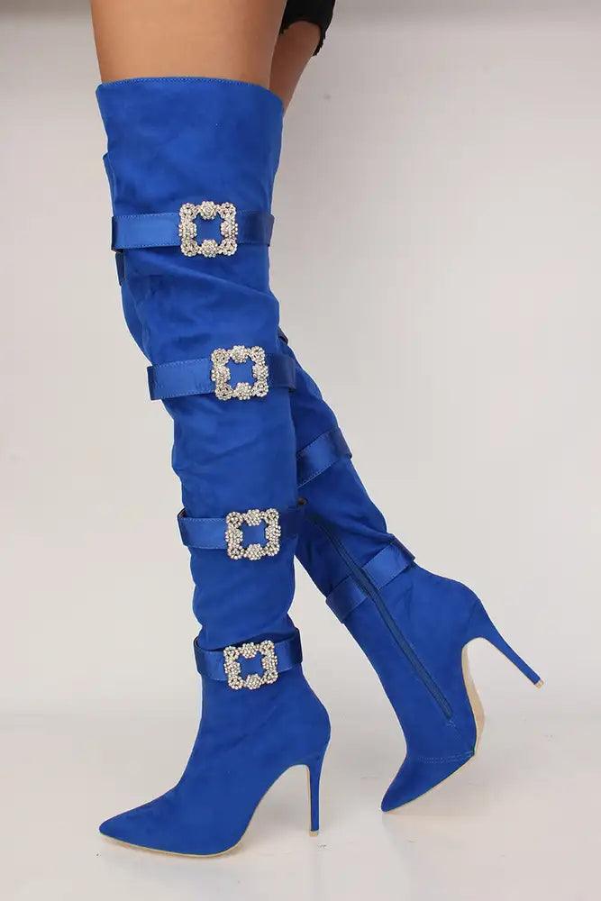 Sexy Blue Rhinestone Studded Decor Strappy Thigh High Boots - AMIClubwear