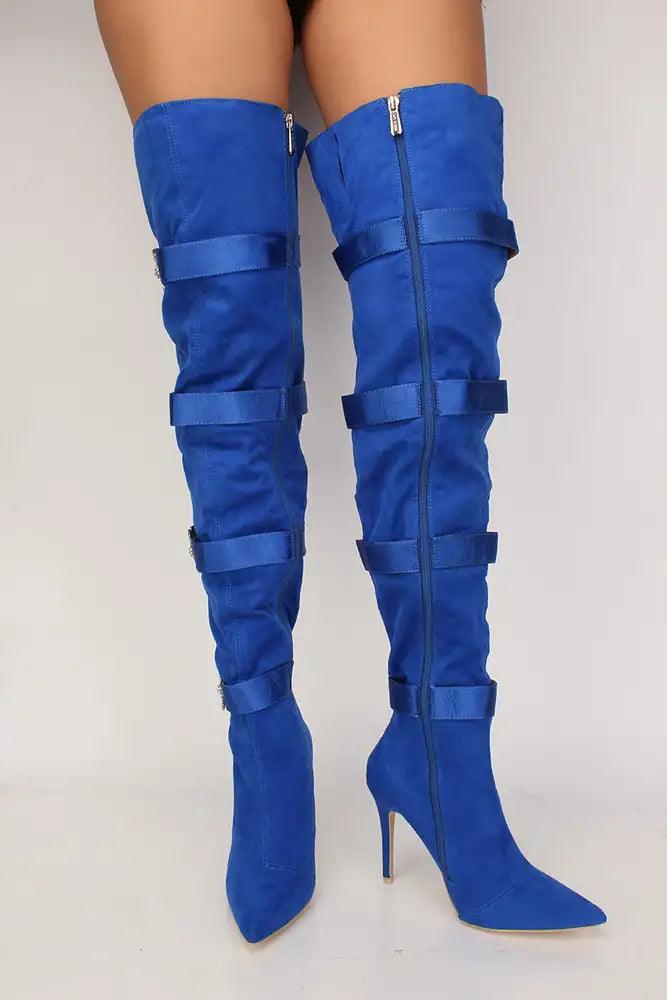 Sexy Blue Rhinestone Studded Decor Strappy Thigh High Boots - AMIClubwear