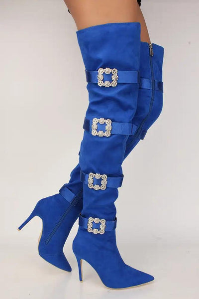 Sexy Blue Rhinestone Studded Decor Strappy Thigh High Boots - AMIClubwear