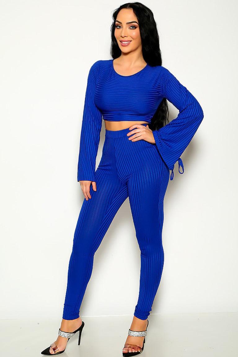 Sexy Blue Ribbed Bell Sleeve Top & Pants Matching 2 Pc Set - AMIClubwear