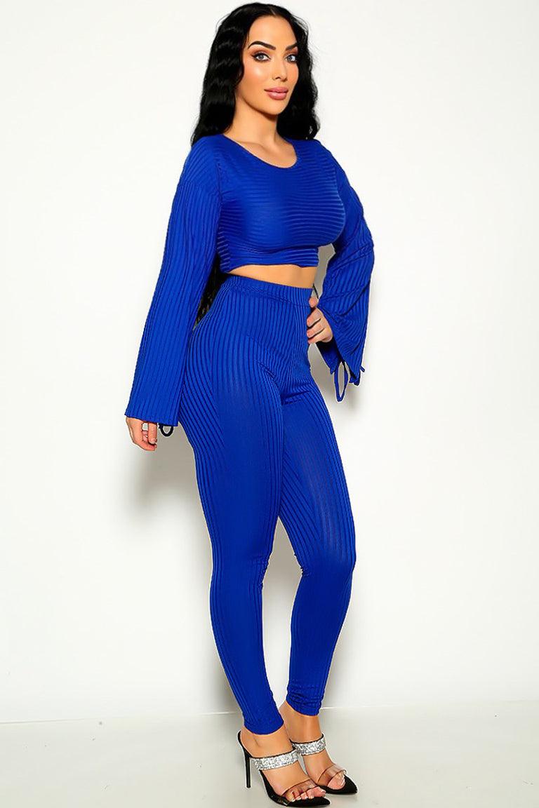 Sexy Blue Ribbed Bell Sleeve Top & Pants Matching 2 Pc Set - AMIClubwear