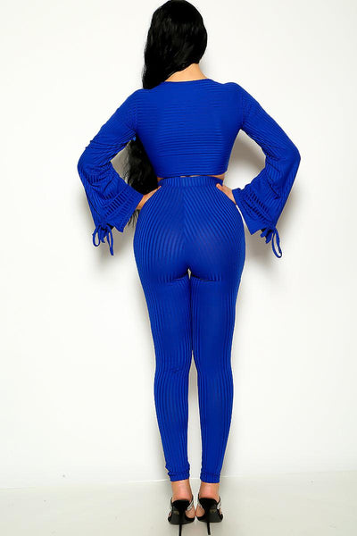 Sexy Blue Ribbed Bell Sleeve Top & Pants Matching 2 Pc Set - AMIClubwear