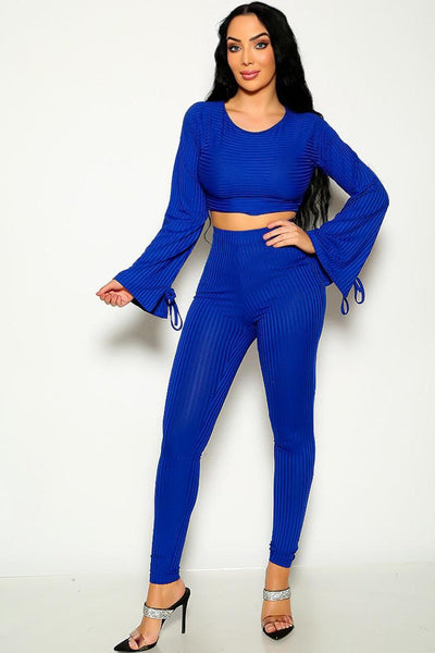 Sexy Blue Ribbed Bell Sleeve Top & Pants Matching 2 Pc Set - AMIClubwear