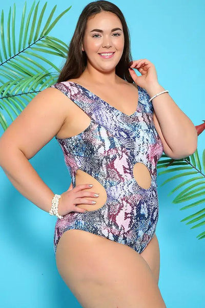 Sexy Blue Snake Print Cut Out Plus Size One Piece Swimsuit - AMIClubwear