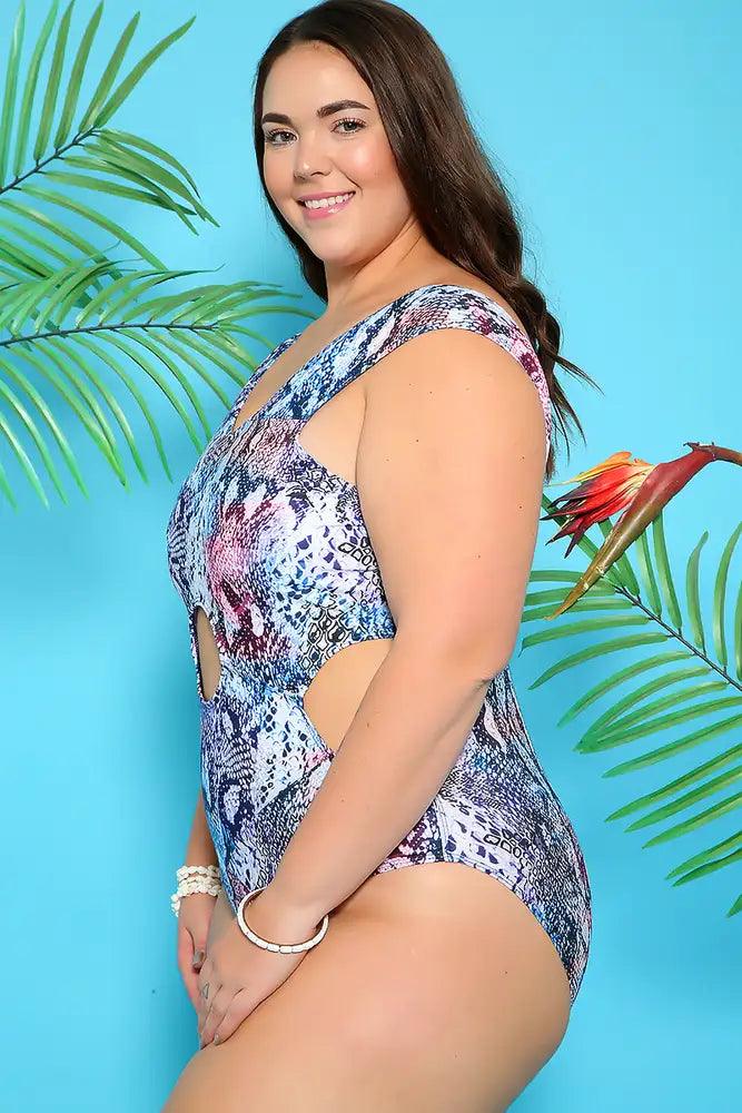 Sexy Blue Snake Print Cut Out Plus Size One Piece Swimsuit - AMIClubwear