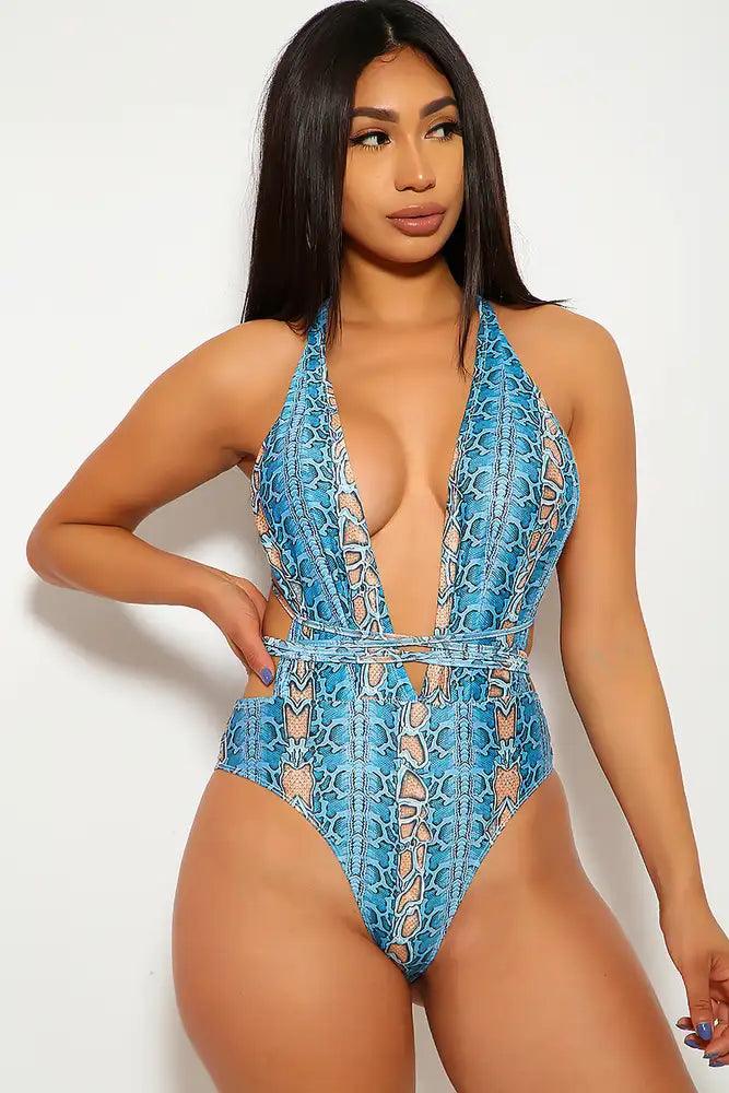 Sexy Blue Snake Print Swimsuit Cardigan Cover Up Matching Set - AMIClubwear