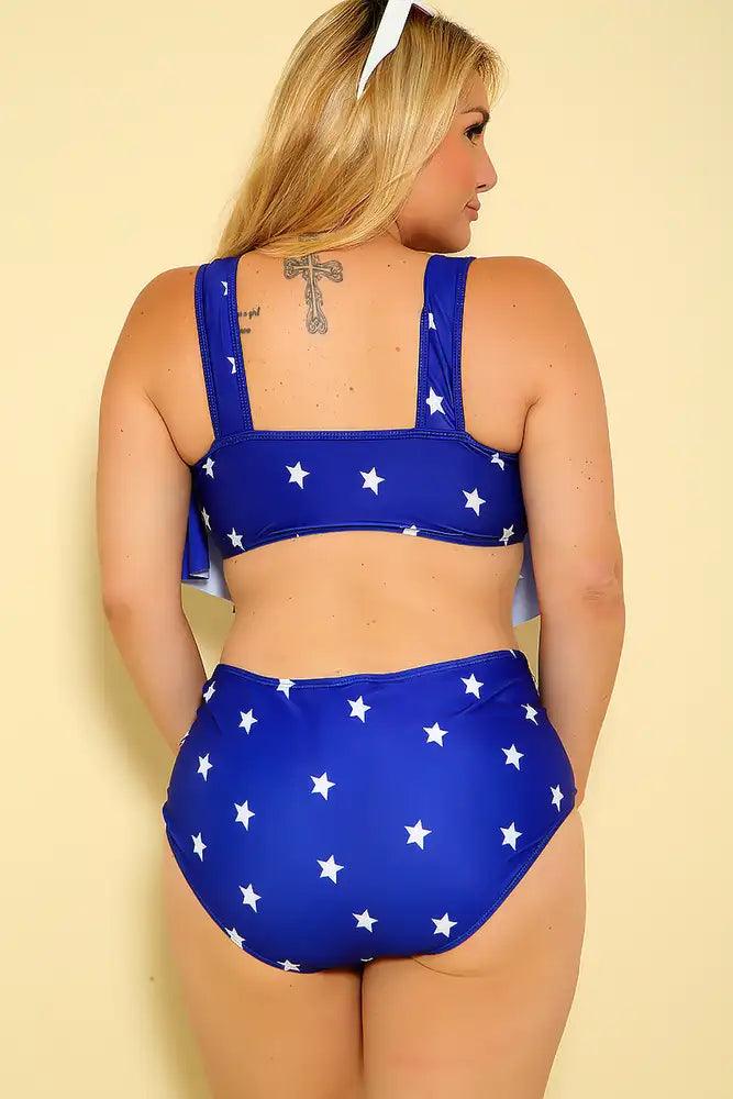 Sexy Blue Star Print Padded Two Piece Plus Size Bikini - AMIClubwear