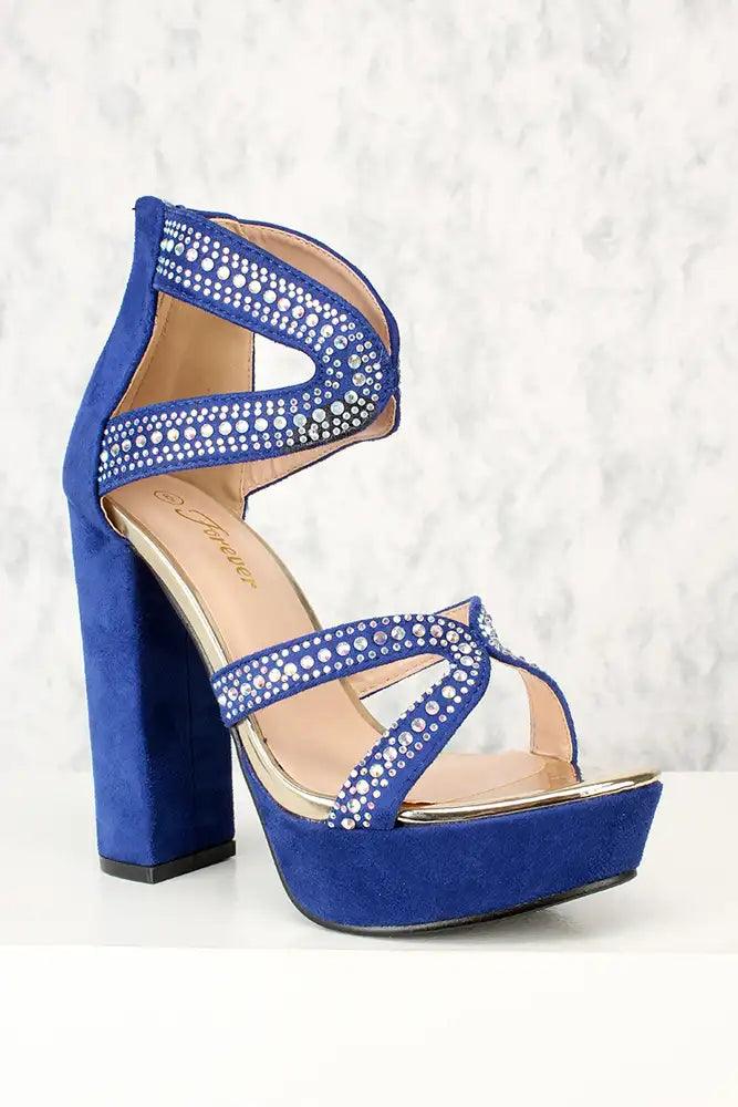 Sexy Blue Strappy Rhinestone Platform High Heels Patent Faux Suede - AMIClubwear