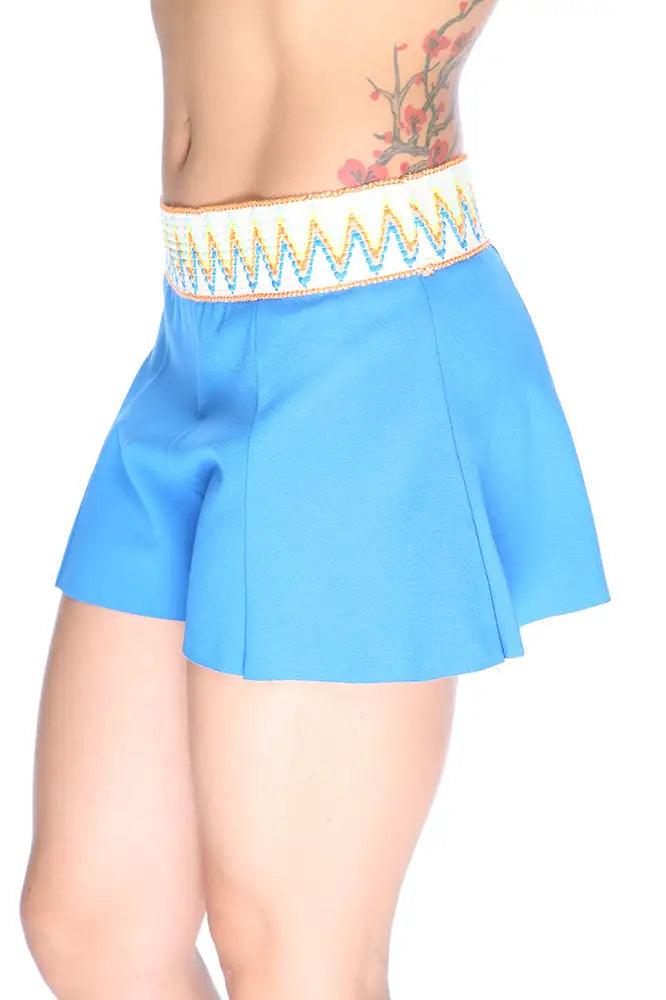 Sexy Blue Tribal Elastic Band Pleated Mid Waist Shorts - AMIClubwear