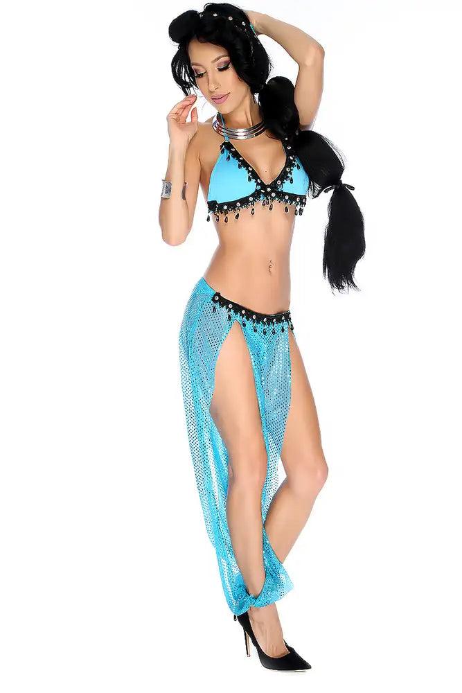Sexy Blue Two Tone Crochet Gold Beaded Sequin 3 Pc. Princess Costume - AMIClubwear