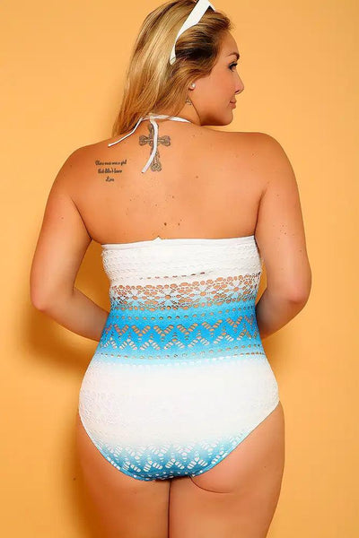 Sexy Blue White Crochet Backless Plus Size One Piece Swimsuit - AMIClubwear