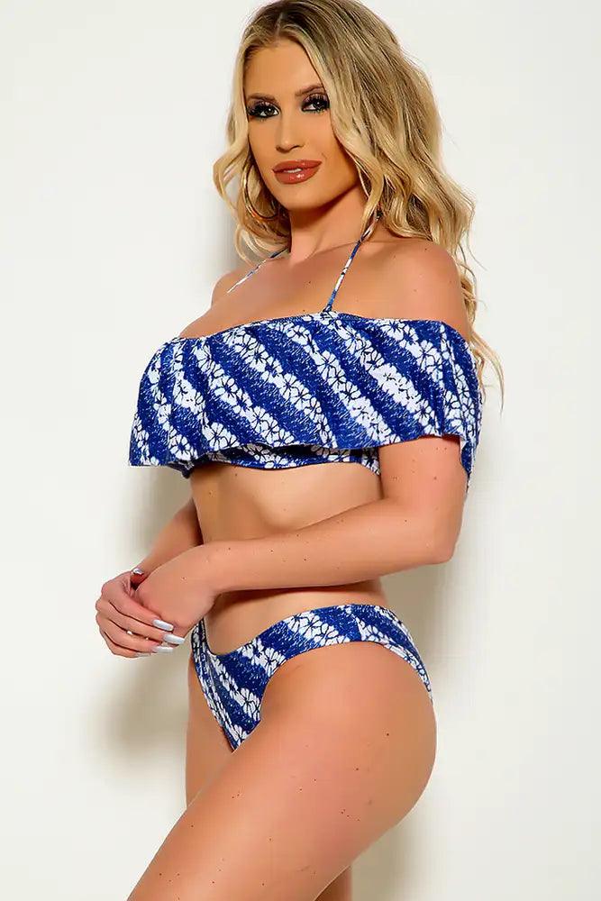 Sexy Blue White Floral Water Color Off The Shoulder Two Piece Swimsuit - AMIClubwear