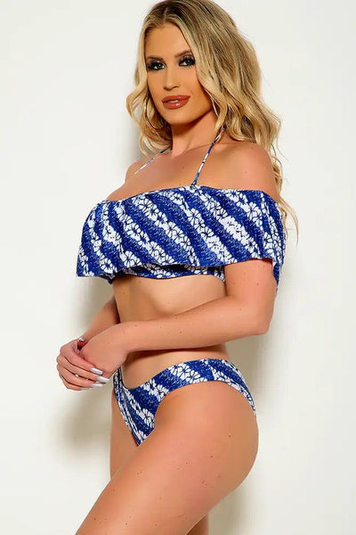 Sexy Blue White Floral Water Color Off The Shoulder Two Piece Swimsuit - AMIClubwear