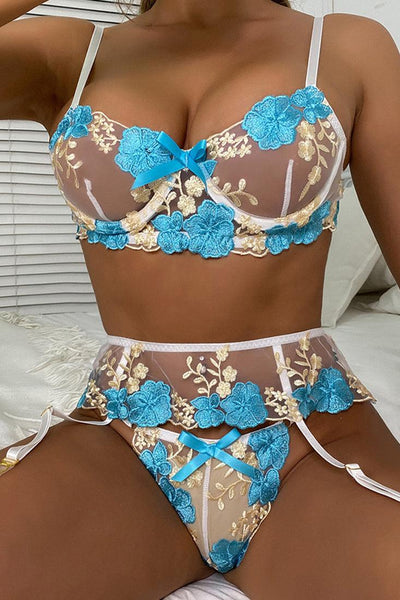 Sexy Blue White Lace 3pc Thong Lingerie Set With Garter Straps - AMIClubwear