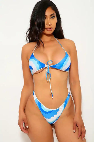 Sexy Blue White Water Color Print Fringe Detailing Side Cutouts Two Piece Swimsuit - AMIClubwear