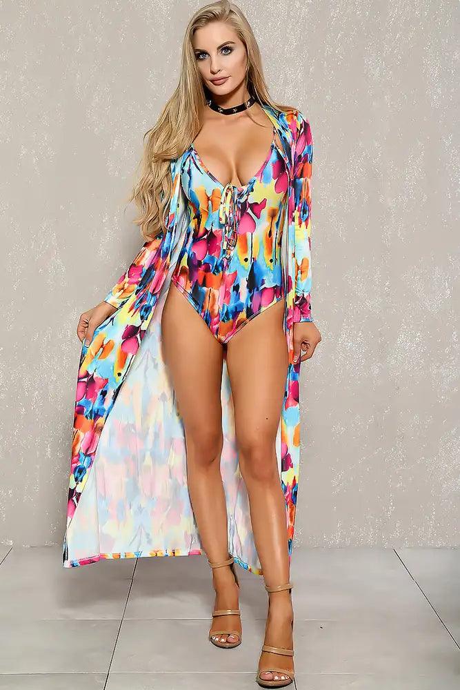 Sexy Blue Yellow Printed Lace Up Swimsuit Cardigan Two Piece Swimsuit - AMIClubwear