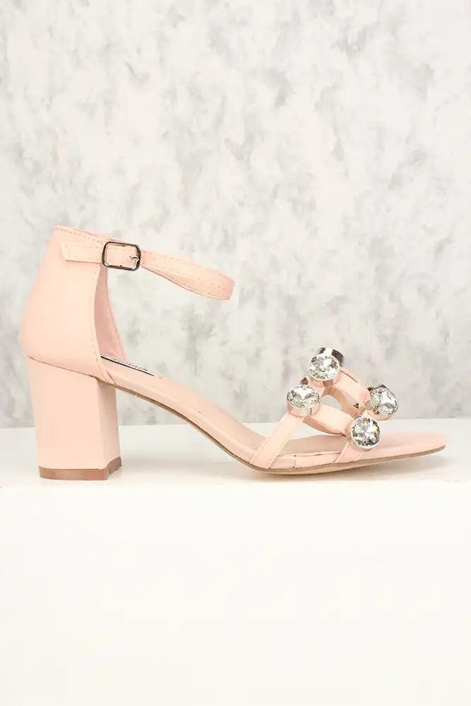 Sexy Blush Cage Rhinestone Open Toe Chunky Heel Single Soles - AMIClubwear