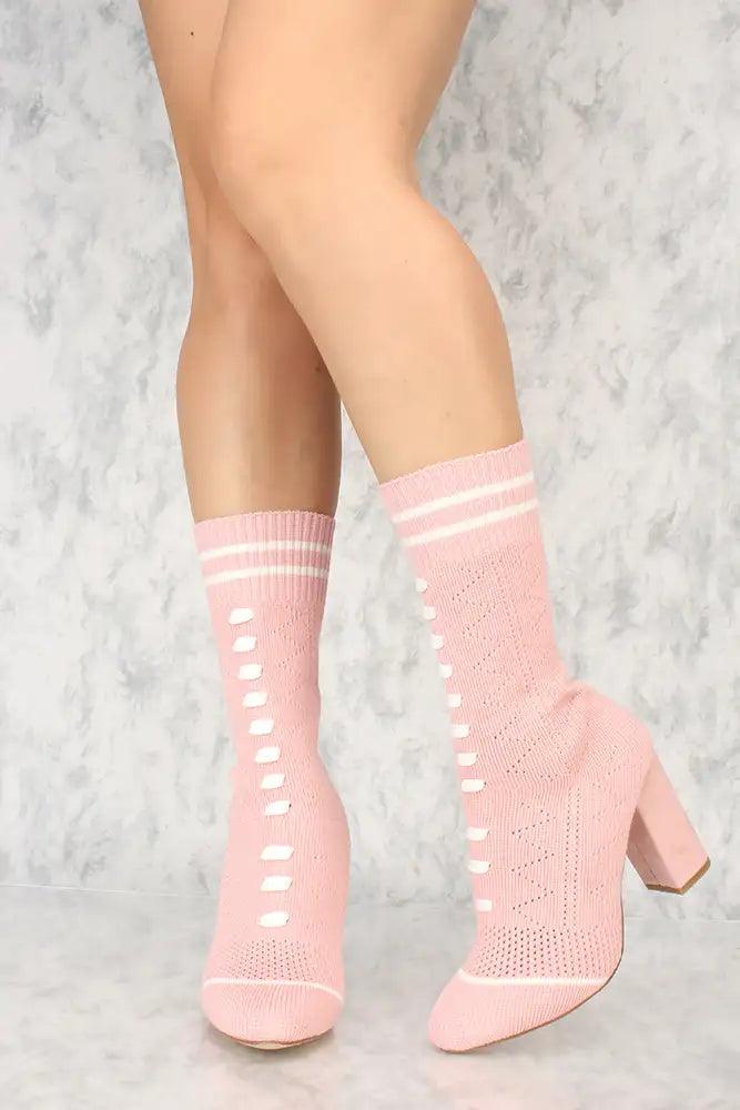 Sexy Blush Knit Stripe Pattern Chunky Heel Sock Booties - AMIClubwear