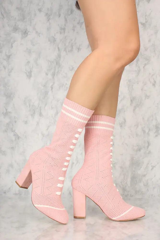 Sexy Blush Knit Stripe Pattern Chunky Heel Sock Booties - AMIClubwear