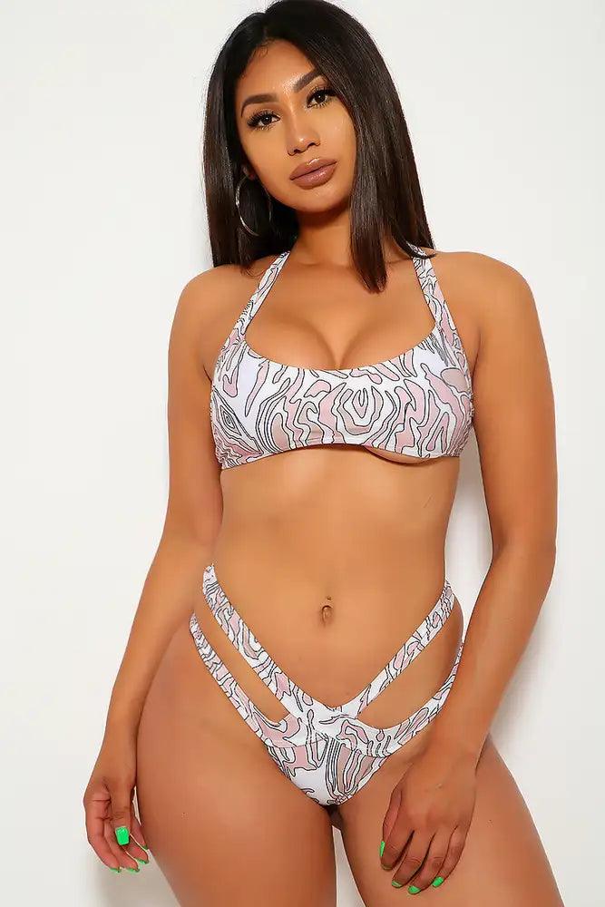 Sexy Blush White Printed Strappy Cutout Two Piece Swimsuit - AMIClubwear