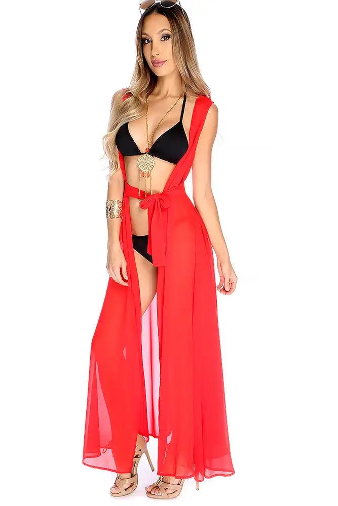 Sexy Bold Red Sheer Sleeveless Open Front Waist Tie Around  Swimsuit Cover Up - AMIClubwear