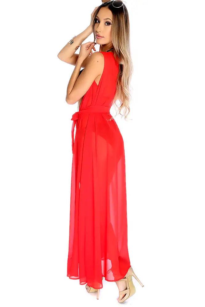 Sexy Bold Red Sheer Sleeveless Open Front Waist Tie Around  Swimsuit Cover Up - AMIClubwear