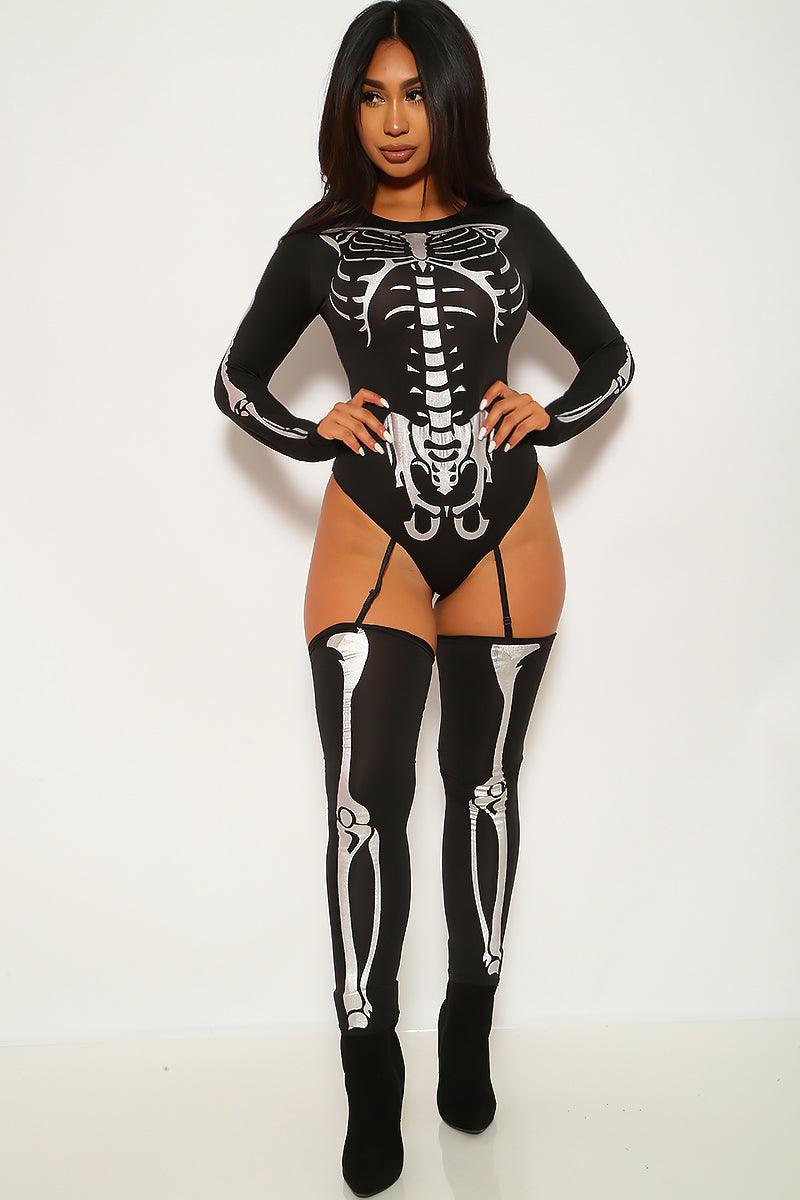 Sexy Bone-A-Fide Skeleton Black Silver Long Sleeve Bodysuit 3 Pc Costume - AMIClubwear