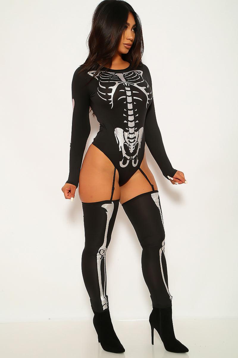 Sexy Bone-A-Fide Skeleton Black Silver Long Sleeve Bodysuit 3 Pc Costume - AMIClubwear